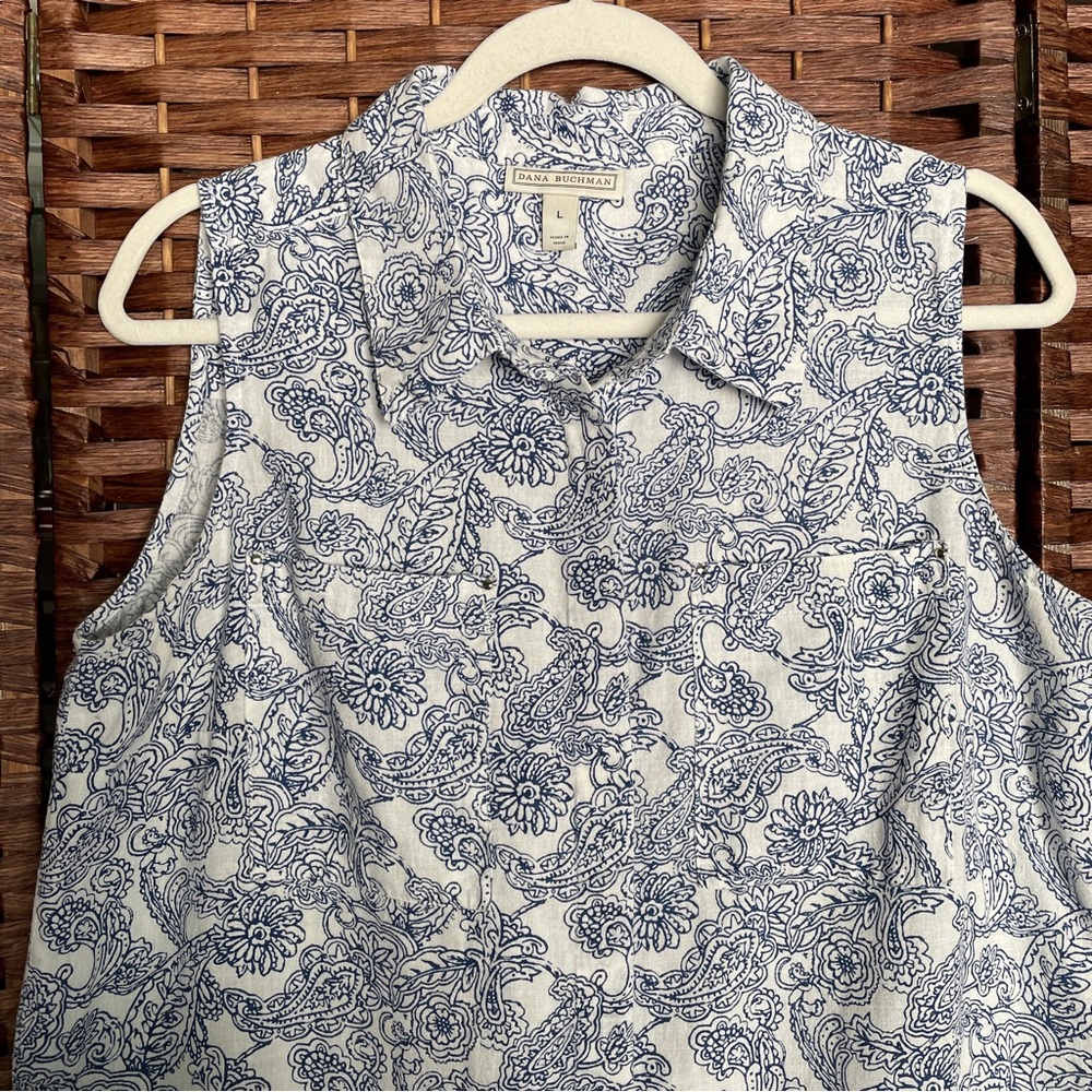 Dana Buchman Sleeveless Button-Down Linen Blend Top Coastal Grandmacore Size L. - Picture 2 of 6